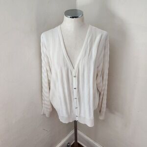 Tahari Womens White Sheer Striped V-Neck Button Front‎ Cardigan Sweater